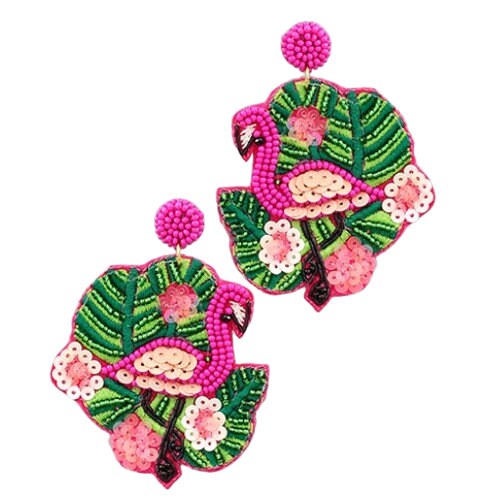 Clip On Flamingo Leaf Earrings Bird Sequin Seed Beaded Clipon Post Designs