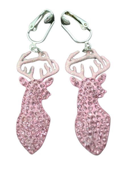 Clip On Deer Pink Earrings Crystal Embellished Antler Animal Silver Design