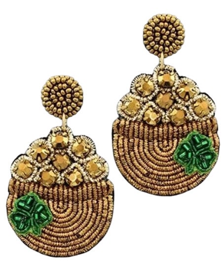 St Patricks Day Pot O Gold Seedbead Earrings Seed Beaded  Clipon Post Designs