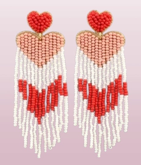 Clip On Heart Seed Beaded Earrings Felt Back Tassel Valentine Clipon Post Designs