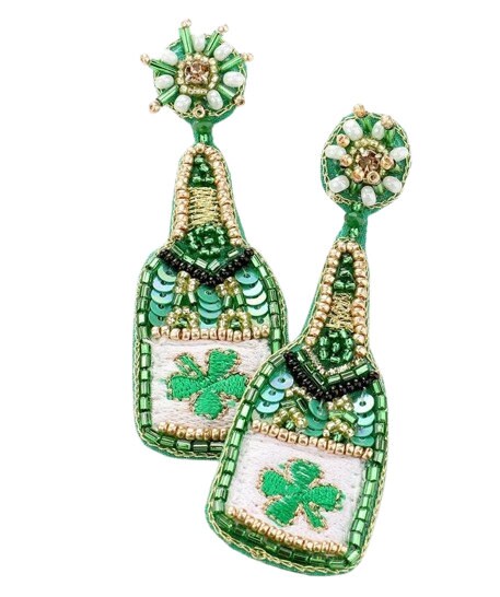 Champagne Bottle Seedbead Clipon Earrings Seed Beaded Style Clover St Patricks Day