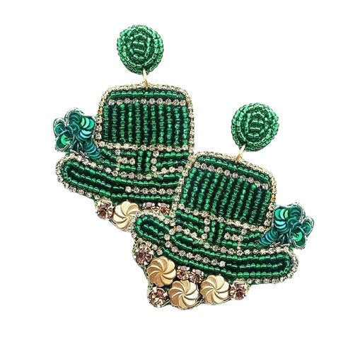 St Patricks Day Seedbead Earrings: Leprechaun Hat Clipon Design