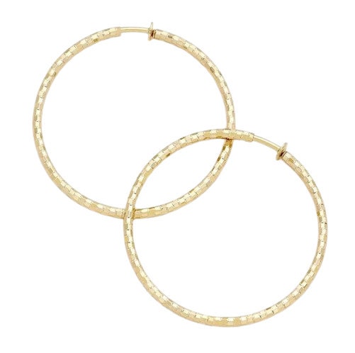 Gold Clip On Textured Hoop Earrings Lightweight Design 3 Sizes