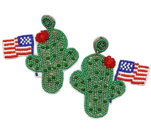Clip On Patriotic Cactus Seedbead Earrings Seed Bead US Flag Clipon Post Designs