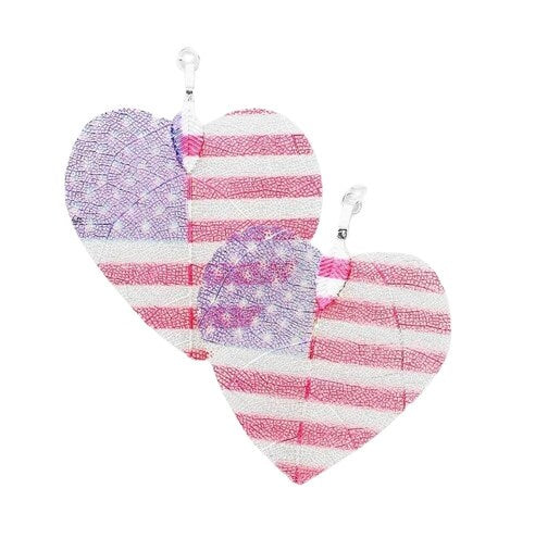Clip On Heart US Flag Real Leaf Earrings Metal Dipped Rainbow Shimmer Silver Sterling