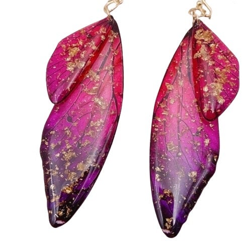 Clip-on Butterfly Wing Earrings: Gold Flake Resin Fairy Design