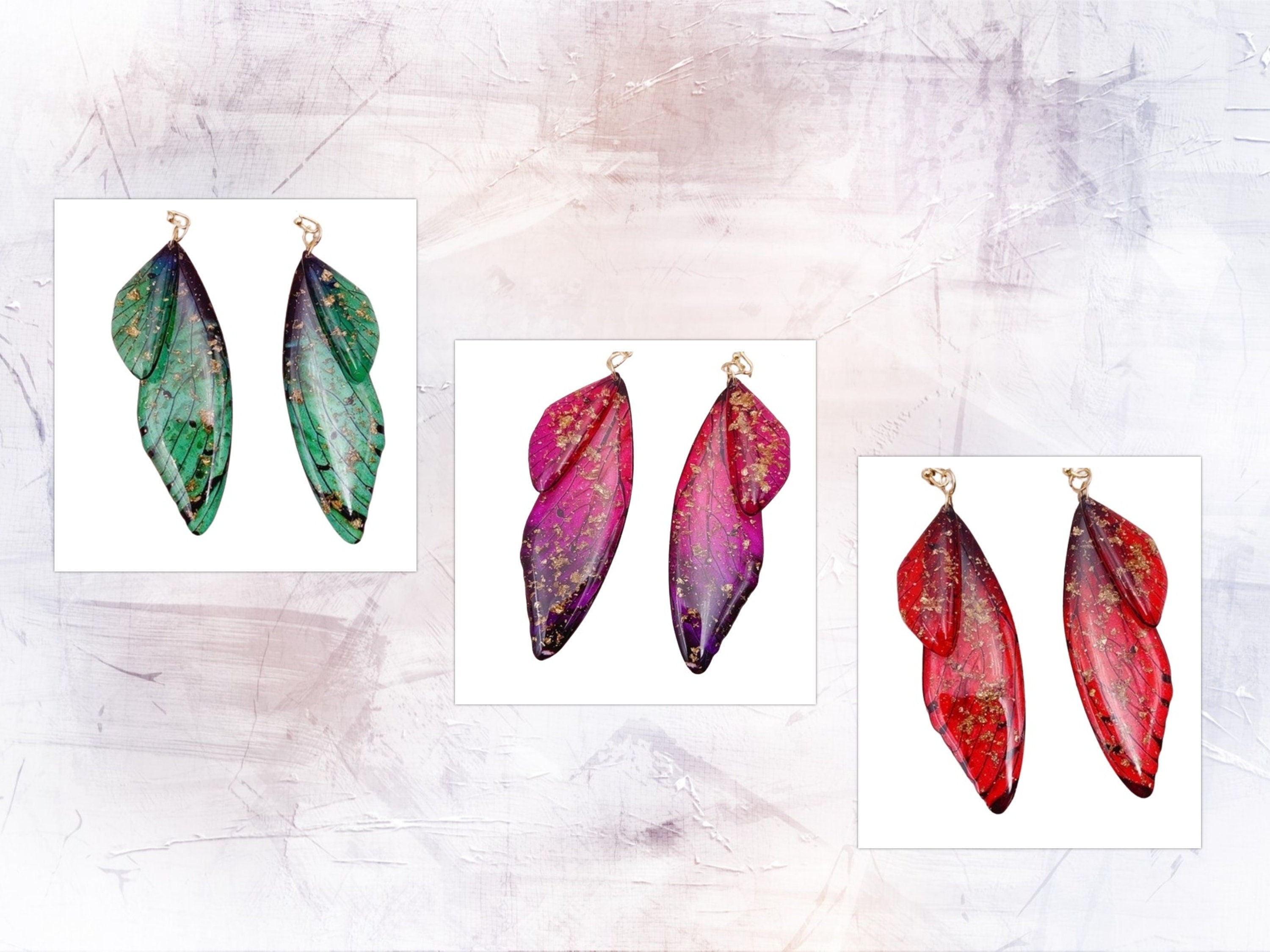 Clip-on Butterfly Wing Earrings: Gold Flake Resin Fairy Design