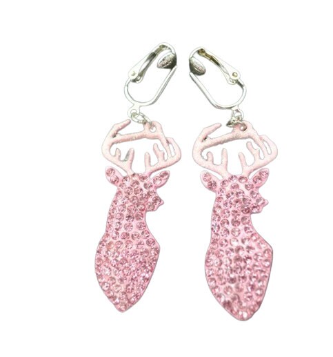 Clip On Deer Pink Earrings Crystal Embellished Antler Animal Silver Design