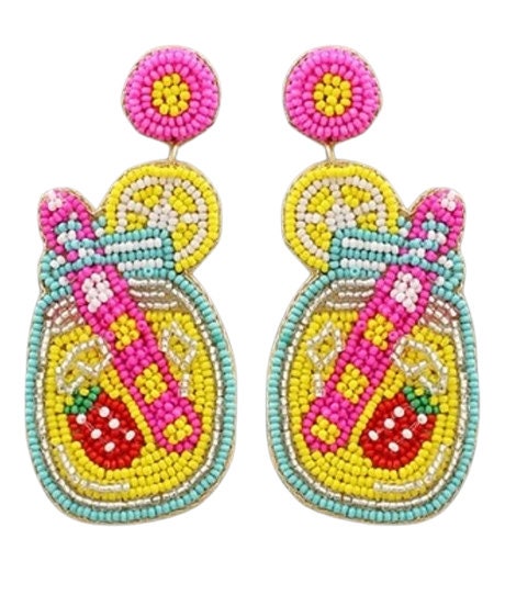 Yellow Cocktail Drink Seedbead Clipon Earrings Tropical Seed Beaded Design Clip Post