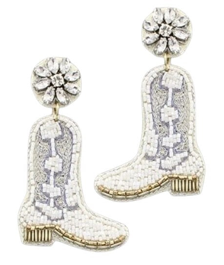 Clipon SeedBead Earrings Cowboy Boots White Seed Beaded Clip on Post Designs