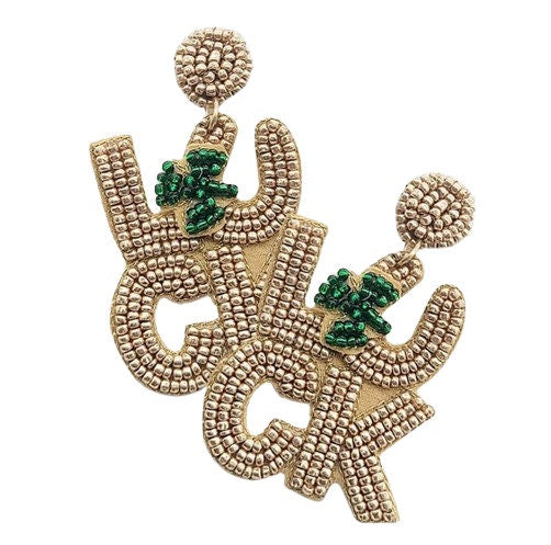 St Patricks Day Clip On Earrings: LUCK Shamrock Seedbead Design