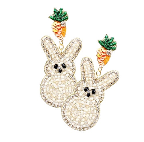 Clip On Easter Bunny Seed Beaded Earrings Seedbead Clipon Post Designs 4 Colors Marshmallow