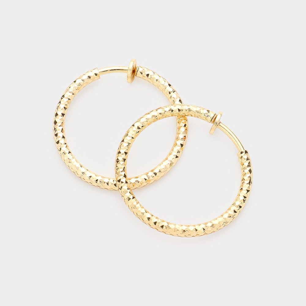 Gold Clip On Textured Hoop Earrings Lightweight Design 3 Sizes