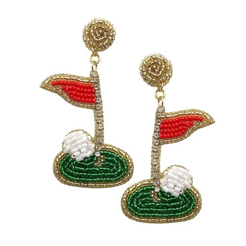 Golf Seed Beaded Clip On Earrings Lightweight Clipon Post Seedbead Designs Flag Ball