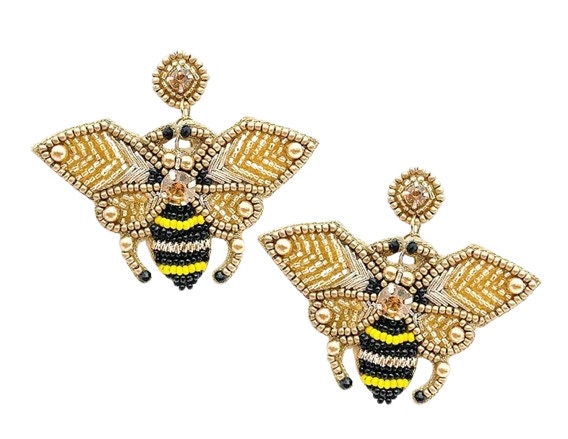 Gold Clip On Bumble Bee Seed Beaded Earrings Clipon Seedbead Design Yellow