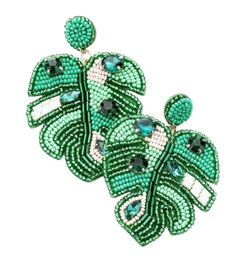 Clip On Green Leaf Seed Beaded Earrings Clipon Stone Embellished Multi Color Design