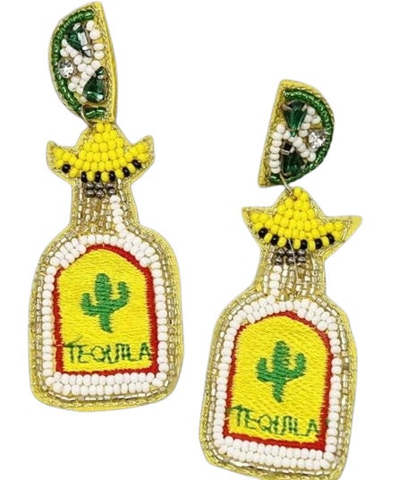Tequila Lime Bottle Seedbead Clipon Earrings Seed Beaded Style Clip on Post Designs