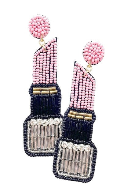 Clip On Lipstick Earrings Seedbead Dangle Seed Beaded Clipon Design 3 Colors Red Pink