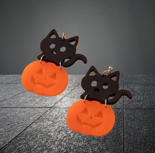 Clip On Kitten Pumpkin Earrings Acrylic Clipon Hook Designs Fall Halloween