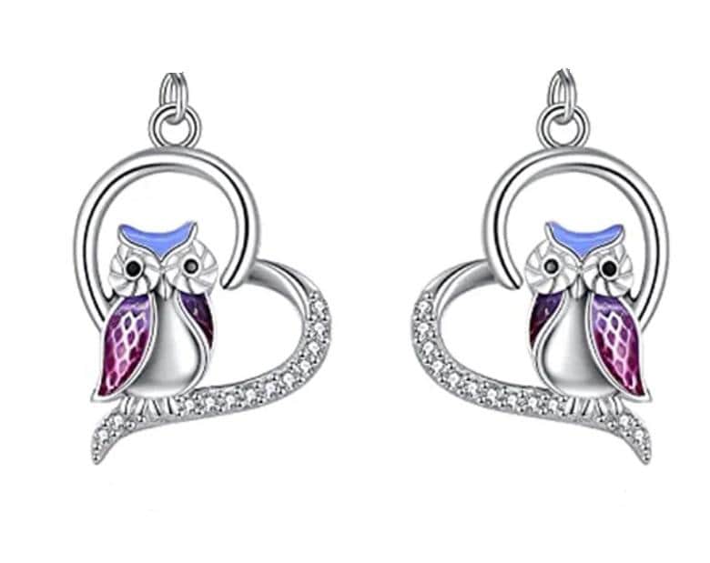 Clip On Owl Crystal Earrings Clipon Hook  Metal Designs Purple