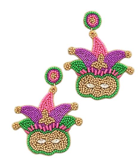 Clip On Seedbead Earrings Mardi Gras Mask Pink Seed Bead Clipon Post Designs