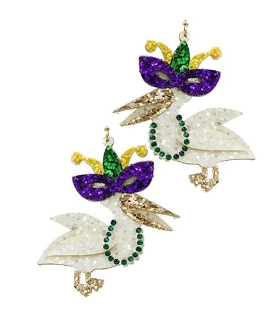 Clip On Glitter Mardi Gras Pelican Earrings Acrylic Clipon Post Designs