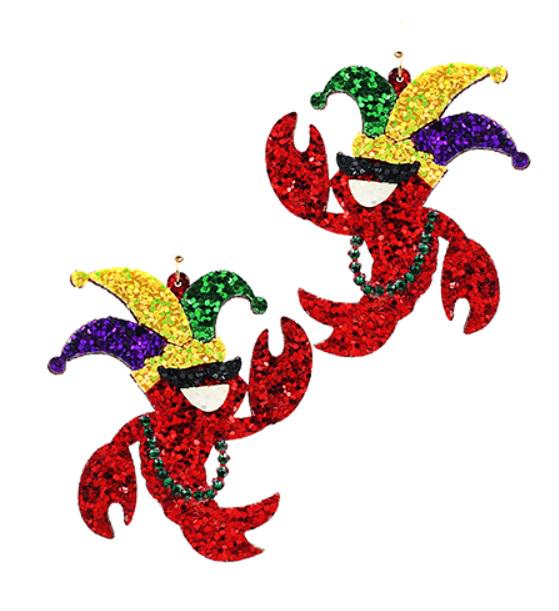 Clip On Glitter Mardi Gras Crawfish Earrings Acrylic Clipon Hook Designs