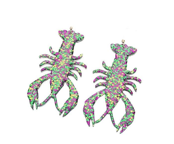 Clip On Glitter Mardi Gras Crawfish Earrings Acrylic Clipon Hook Designs 2 Colors