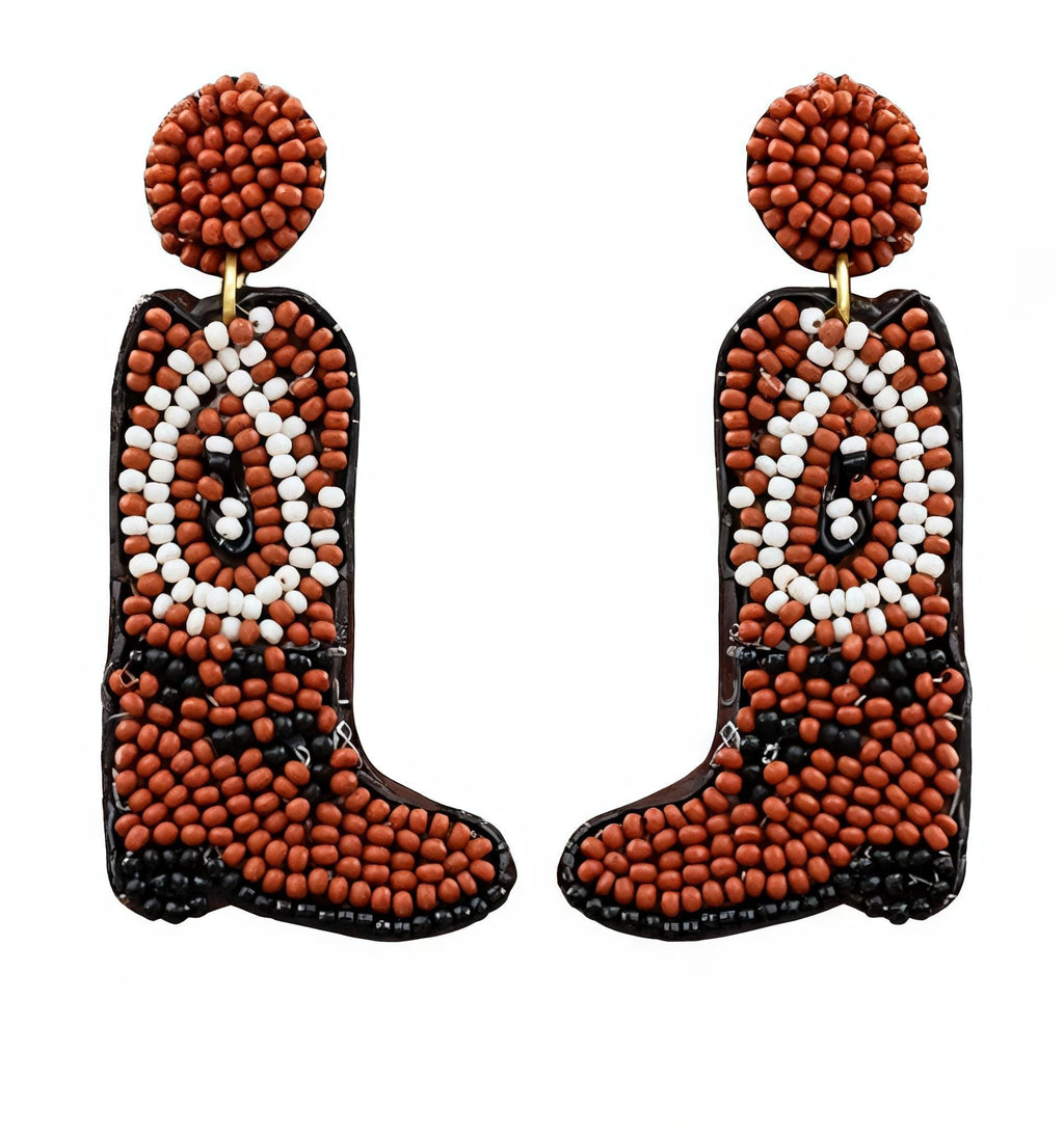 Clipon SeedBead Earrings Cowboy Boots Brown Seed Beaded Clip on Post Designs