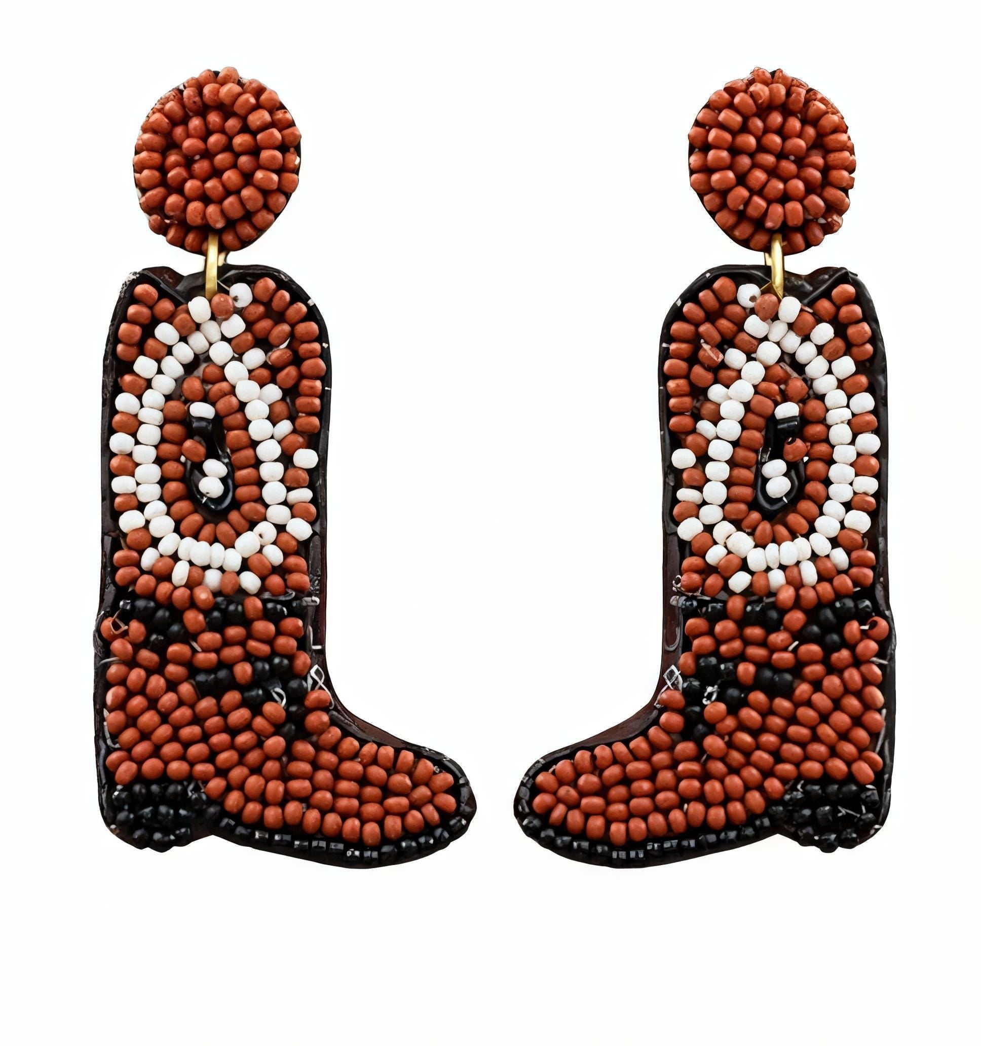 Clipon SeedBead Earrings Cowboy Boots Brown Seed Beaded Clip on Post Designs