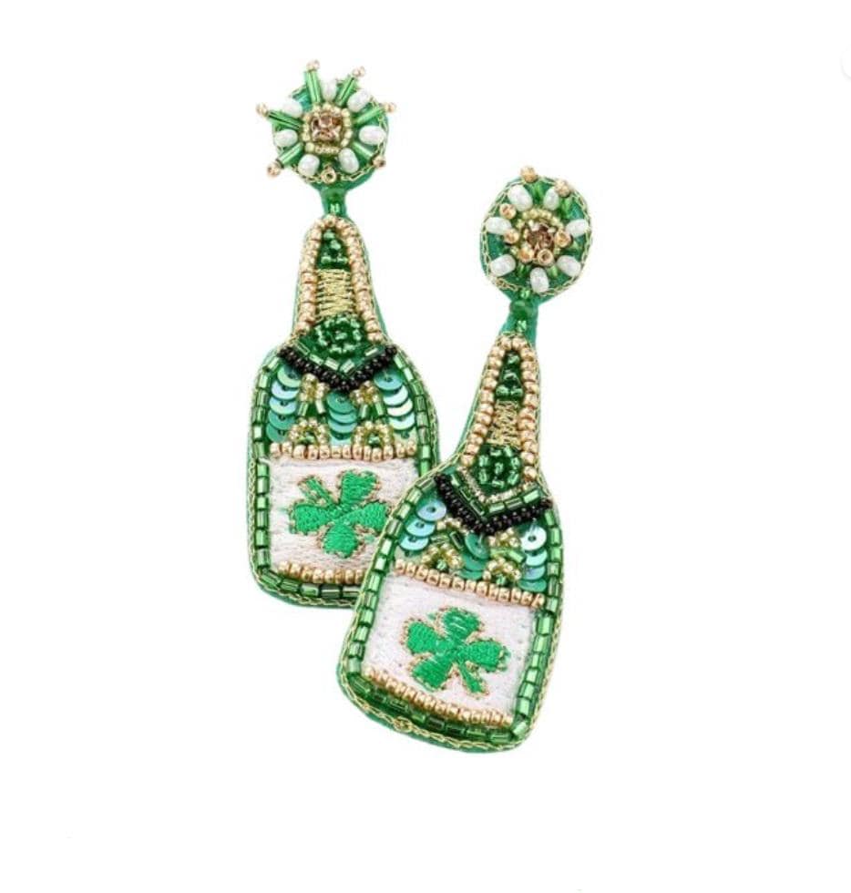 Champagne Bottle Seedbead Clipon Earrings Seed Beaded Style Clover St Patricks Day