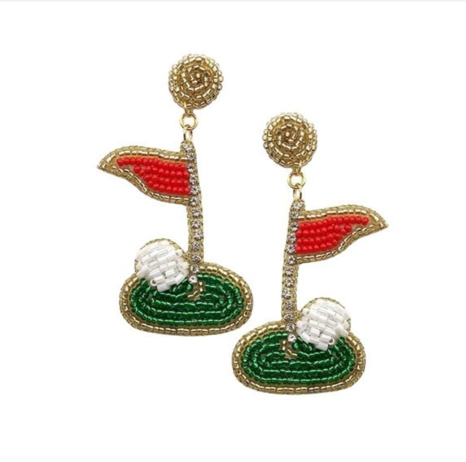 Golf Seed Beaded Clip On Earrings Lightweight Clipon Post Seedbead Designs Flag Ball