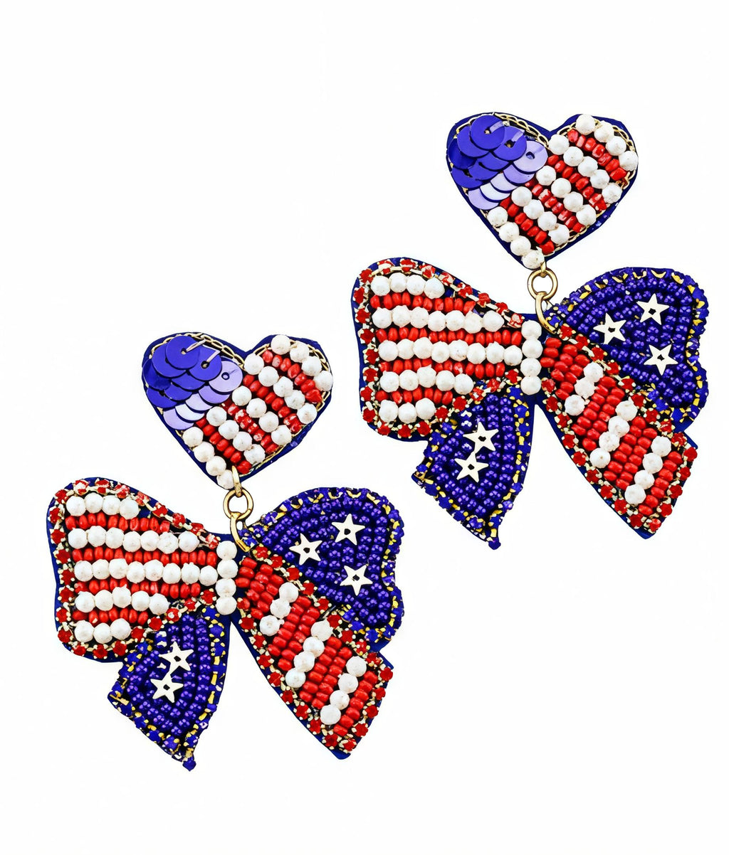Patriotic Bow Seedbead Clipon Earrings American Flag Heart USA Clip Post Seed Beaded Designs
