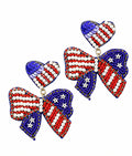 Patriotic Bow Seedbead Clipon Earrings American Flag Heart USA Clip Post Seed Beaded Designs