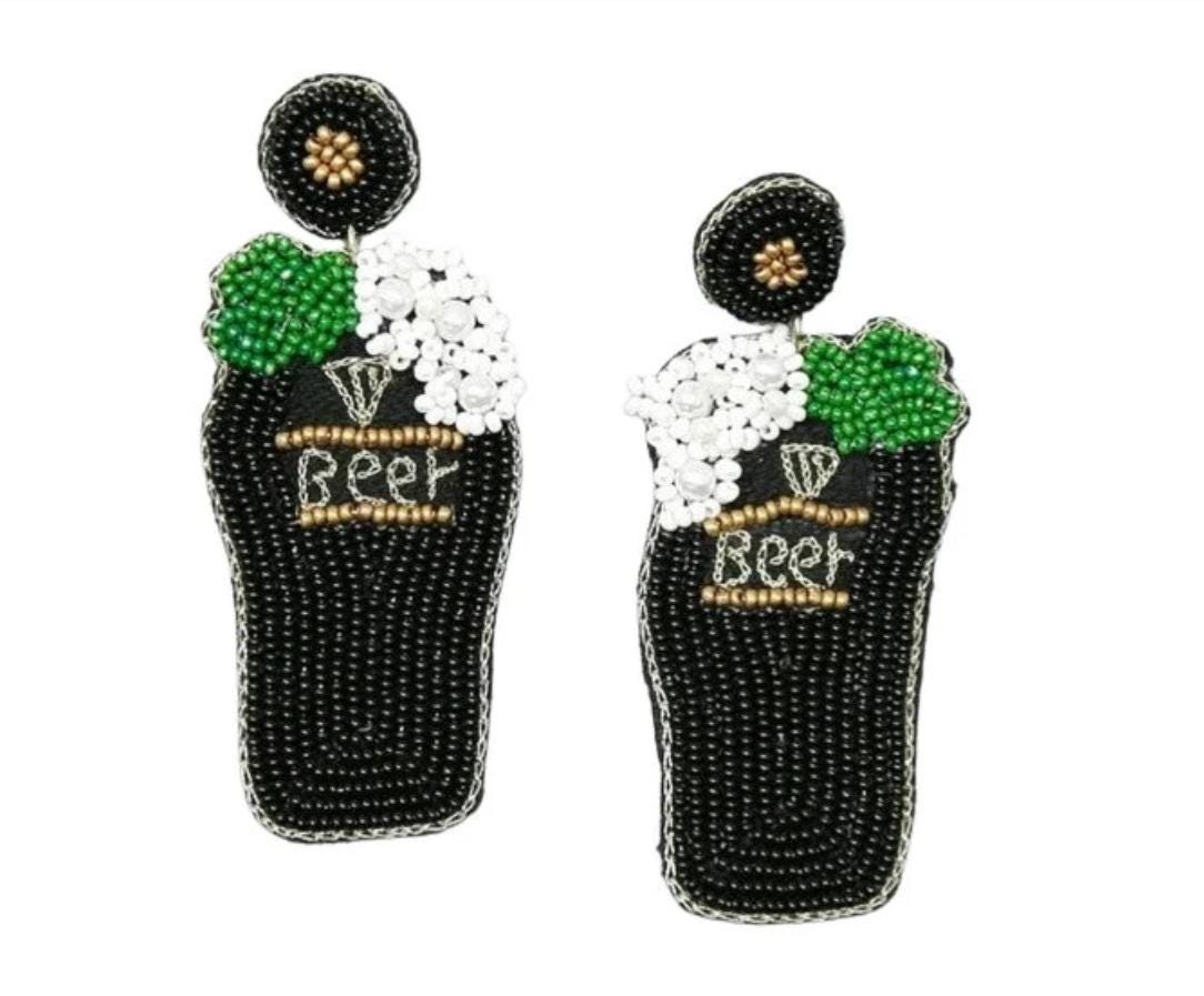 St Patricks Day Beer Can Glass Earrings Seedbead Clipon Post Seed Beaded Designs