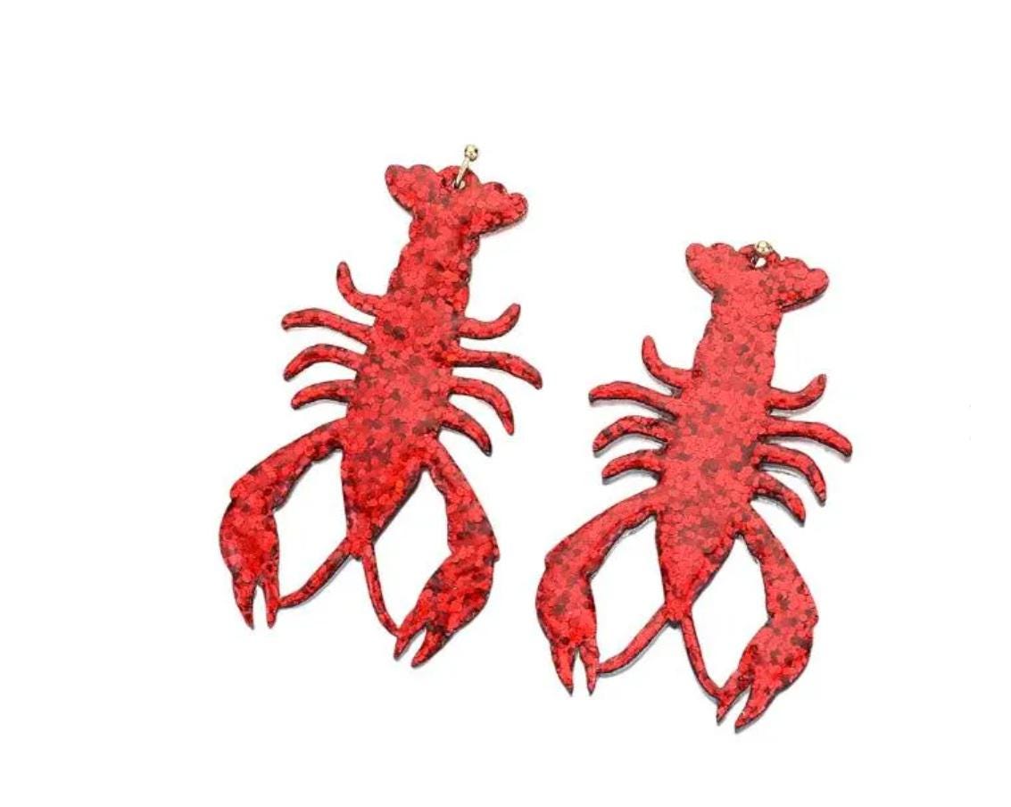 Clip On Glitter Mardi Gras Crawfish Earrings Acrylic Clipon Hook Designs 2 Colors