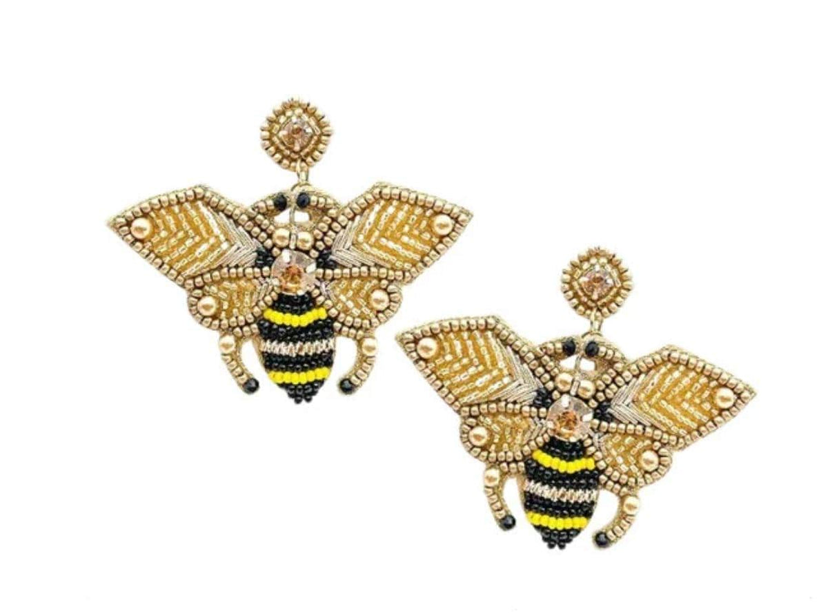 Gold Clip On Bumble Bee Seed Beaded Earrings Clipon Seedbead Design Yellow