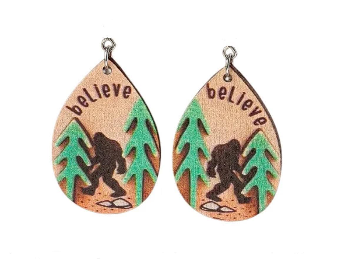 Bigfoot Clipon Earrings Clip on Hook Designs Wood Sasquatch