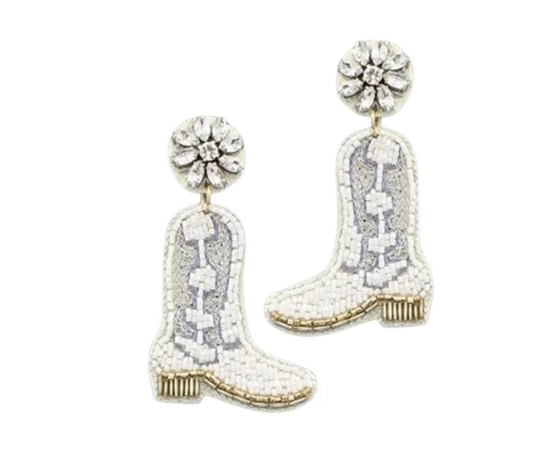 Clipon SeedBead Earrings Cowboy Boots White Seed Beaded Clip on Post Designs