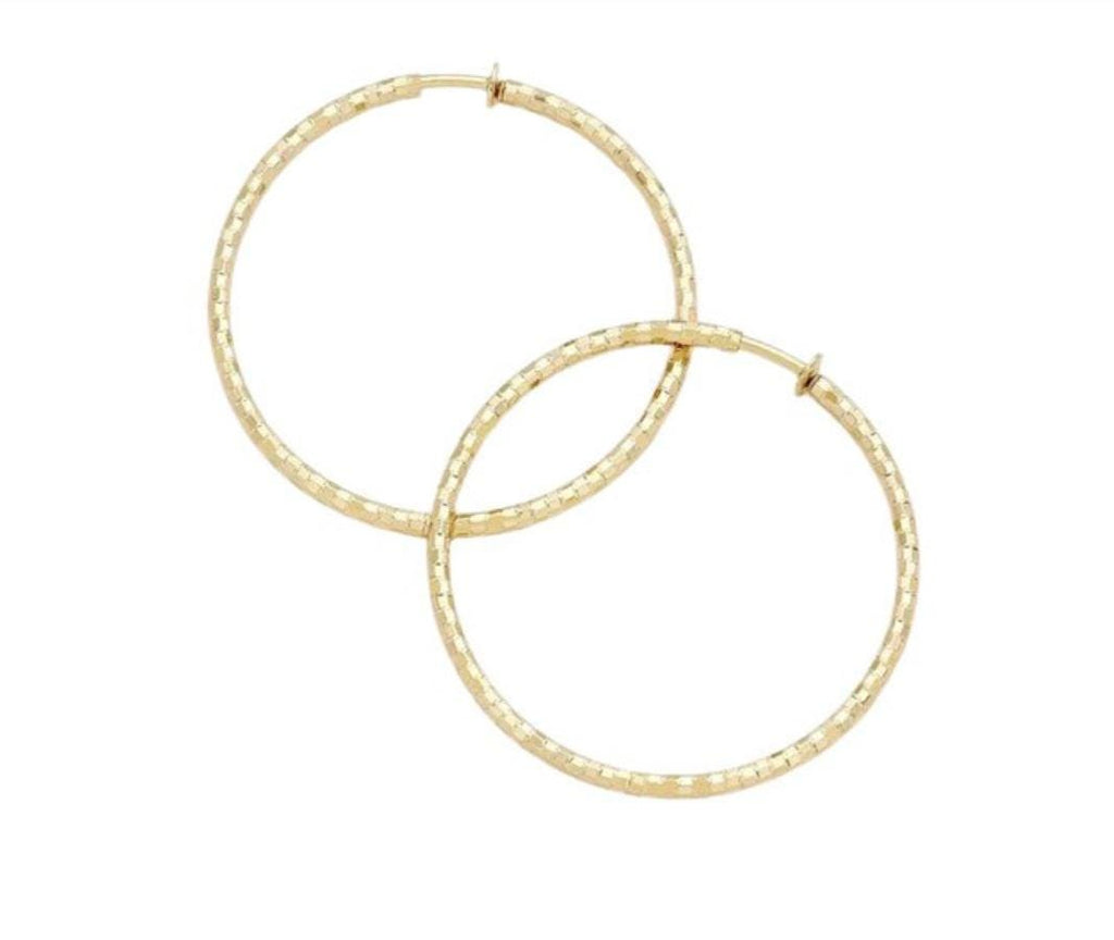Gold Clip On Textured Hoop Earrings Lightweight Design 3 Sizes