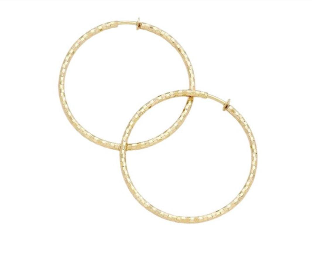 Gold Clip On Textured Hoop Earrings Lightweight Design 3 Sizes