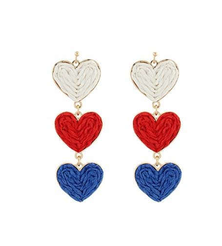Patriotic USA Raffia Clipon Earrings American Flag Clip Post Heart Designs