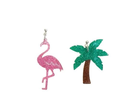 Clip On Flamingo Palm Tree Earrings Asymmetrical Collection Clipon Hook Designs