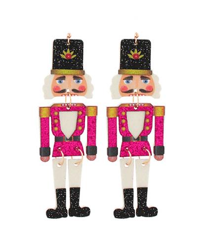 Clipon Glitter Nutcracker Earrings Winter Christmas Acrylic Clip on Hook Designs 3 Colors