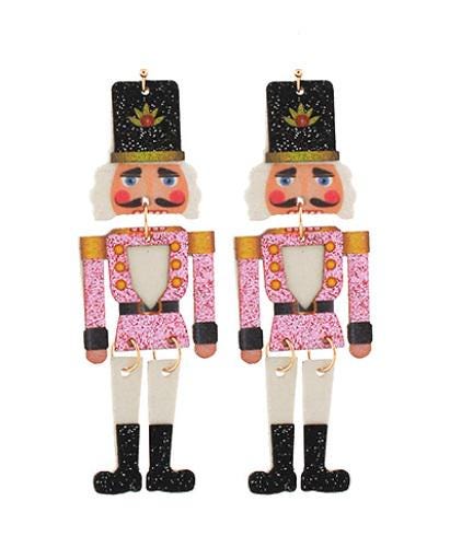Clipon Glitter Nutcracker Earrings Winter Christmas Acrylic Clip on Hook Designs 3 Colors