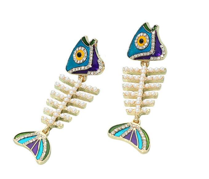 Clip On Fish Bones Earrings Pearl Crystal Embellished Clipon Post Designs