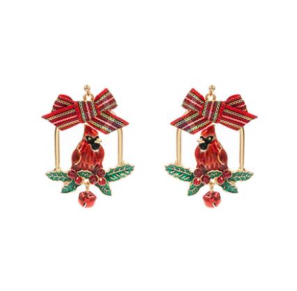 Clipon Cardinal Christmas Earrings Winter Bird Bow Clip on Hook Designs