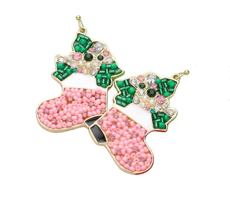 Clipon Seed Beaded Christmas Stockings Earrings Clip On Hook Seedbead Designs