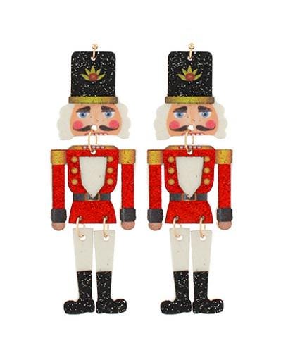 Clipon Glitter Nutcracker Earrings Winter Christmas Acrylic Clip on Hook Designs 3 Colors