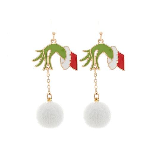 Clipon Grinch Pom Christmas Tree Earrings Winter Bow Clip on Hook Designs